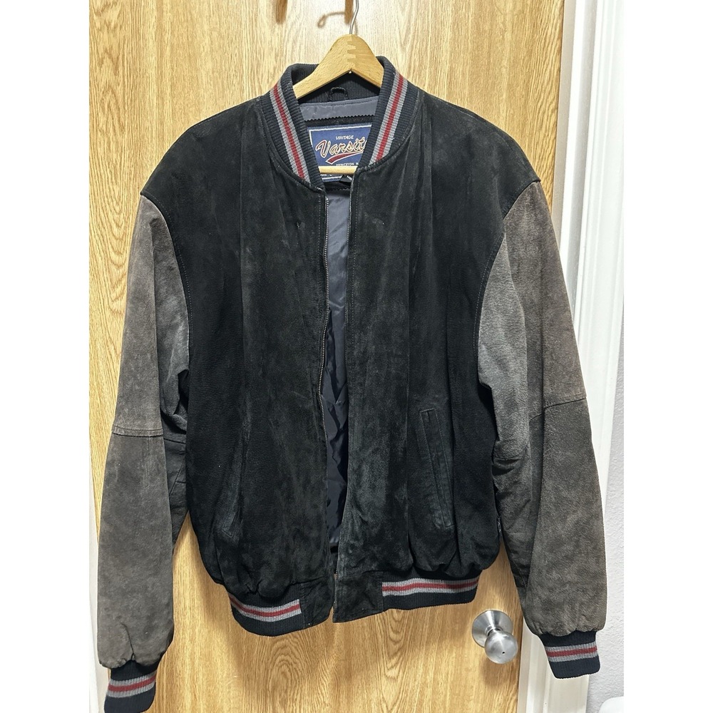 Vintage Varsity Suede Leather Mens XL Bomber Jacket Zip Up Black